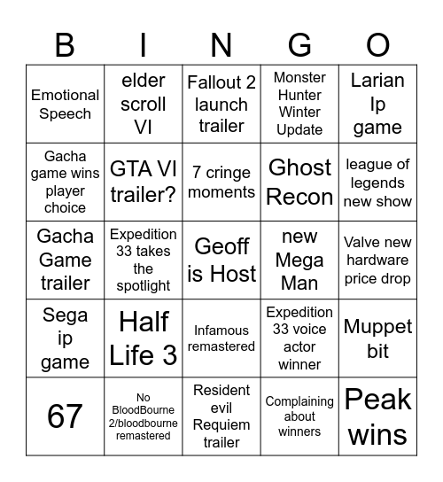 Game Awards Bingo Card
