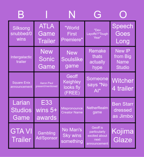Game Awards 2025 Bingo Card