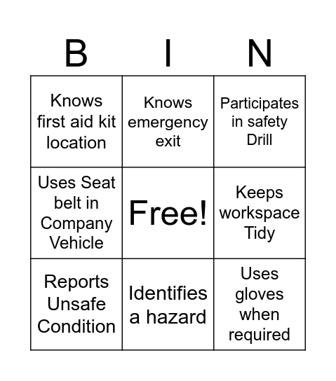 Safety Bingo Card