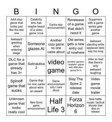 Game Awards 2025 Bingo Card