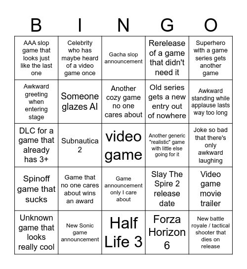 Game Awards 2025 Bingo Card
