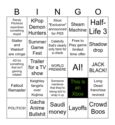 The Video Game Awards 2025 Bingo Card