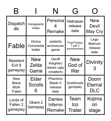 Game Awards Announcements Bingo Card