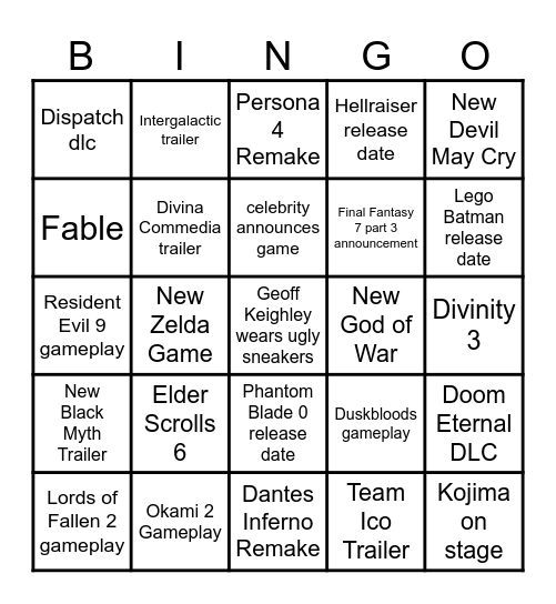 Game Awards Announcements Bingo Card