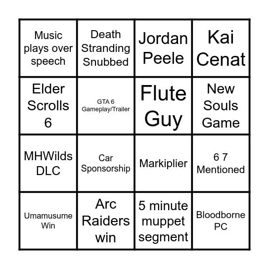 Game Awards Bingo Card