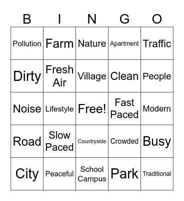 City vs Countryside Game Bingo Card