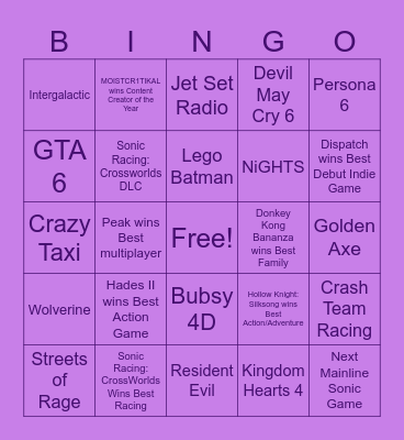 The Game Awards 2025 Bingo Card