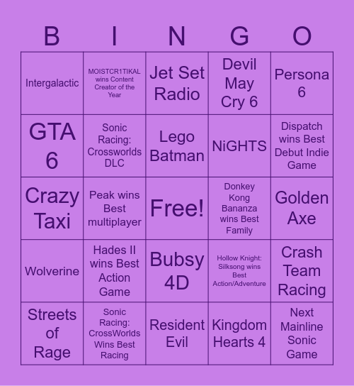 The Game Awards 2025 Bingo Card