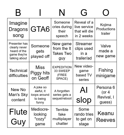 Game Awards 2025 Bingo Card