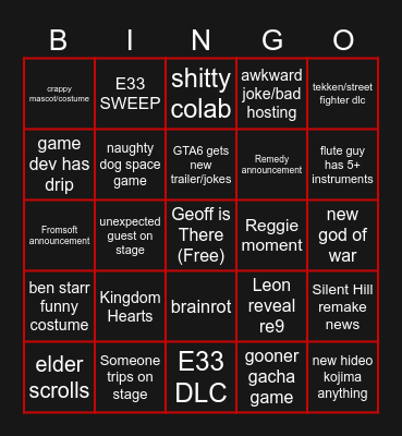 Game Awards 2025 Bingo Card