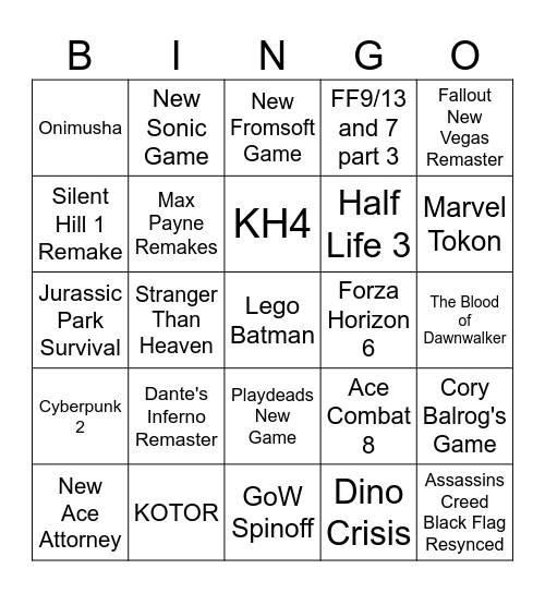 TGA Bingo Card
