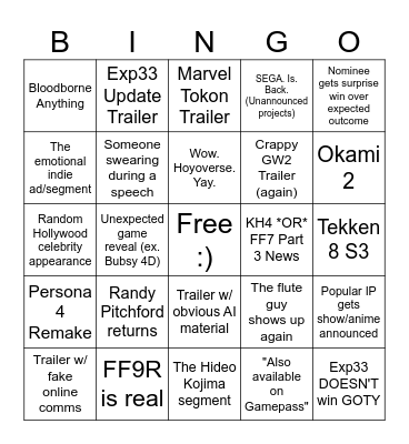 TGA Bingo Card Bingo Card