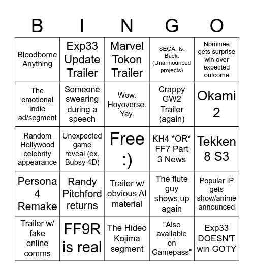 TGA Bingo Card Bingo Card
