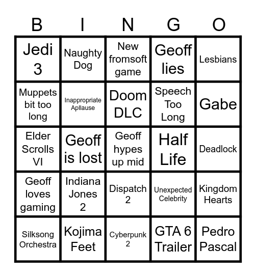 Game Awards Bingo Card