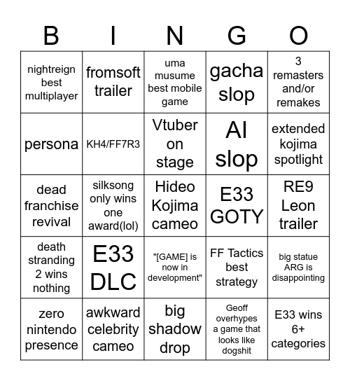 tga bingo Card