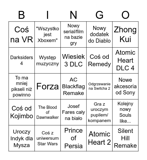 TGA Bingo Card