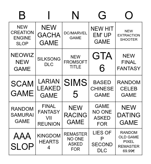 GAME AWARDS REVEALS BINGO Card