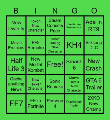 Game Awards 2025 Bingo Card