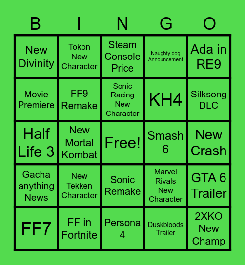 Game Awards 2025 Bingo Card