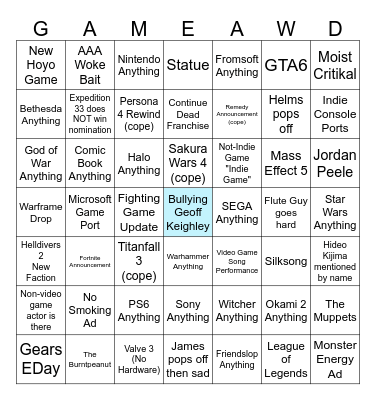 Gremlin Gang Game Awards 2025 Bingo Card