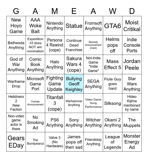 Gremlin Gang Game Awards 2025 Bingo Card