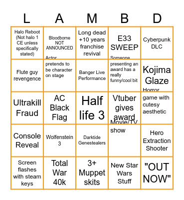 The Video Game Awards Bingo Card