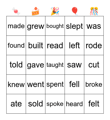 past tense of verbs Bingo Card