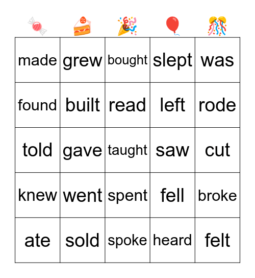 past tense of verbs Bingo Card