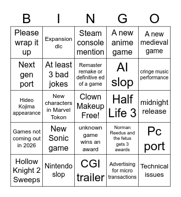 Game Awards 2025 Bingo Card