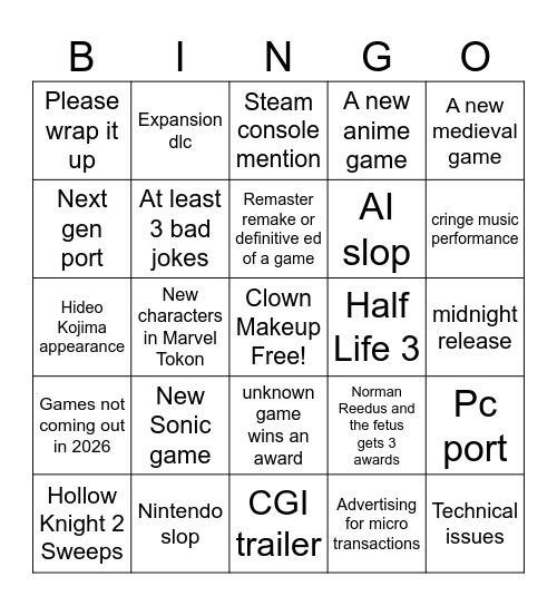 Game Awards 2025 Bingo Card