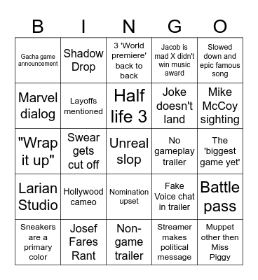 The Game Awards Bingo Card