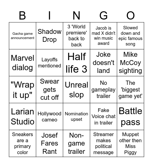 The Game Awards Bingo Card