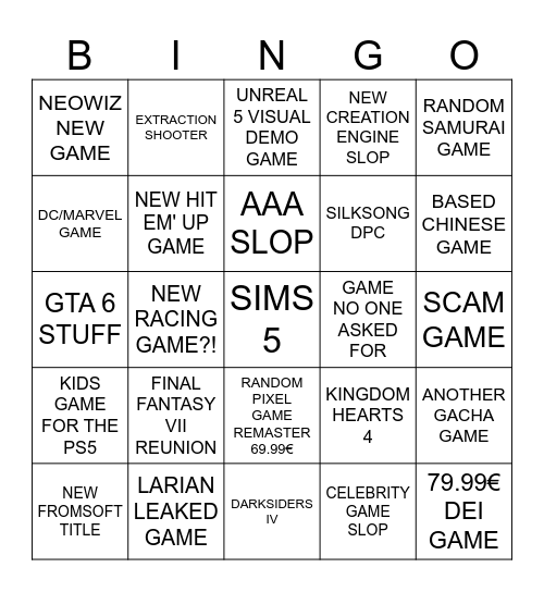 GAME AWARDS GAMES REVEAL Bingo Card
