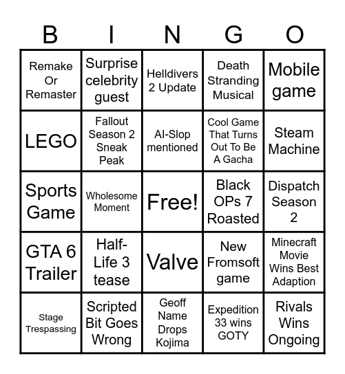 Game Awards 2025 Bingo Card