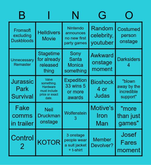 The Game Awards 2025 Bingo Card