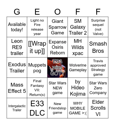Game Awards 2025 (Travis Edition) Bingo Card