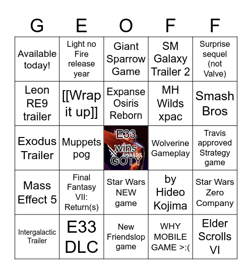Game Awards 2025 (Travis Edition) Bingo Card