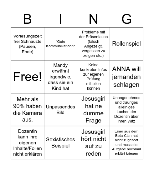Vorlesung Bingo Card