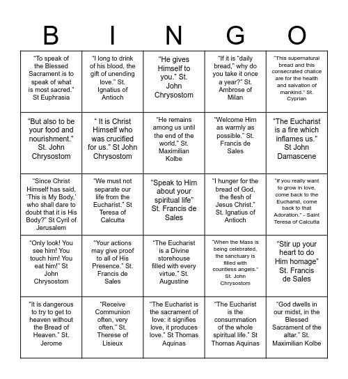 INSPIRING EUCHARISTIC FIRE Bingo Card
