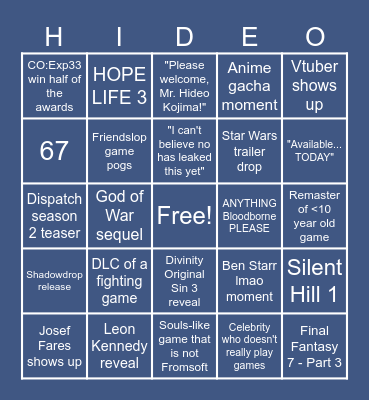 The Game Awards 2025 r Bingo Card
