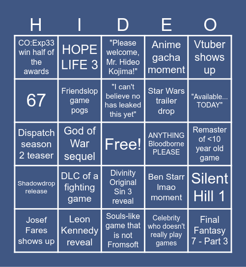 The Game Awards 2025 r Bingo Card