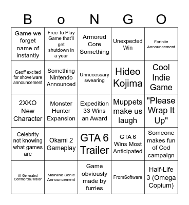 Game Awards Bingo Bongo Bingo Card