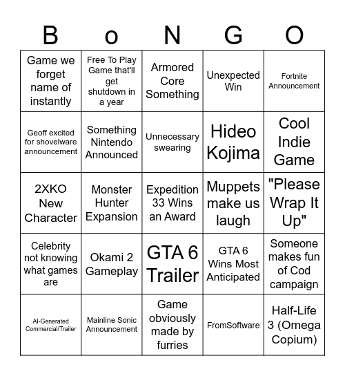 Game Awards Bingo Bongo Bingo Card