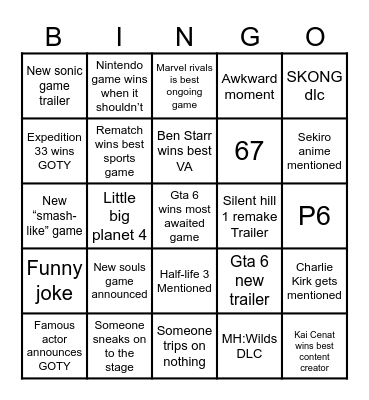 The game awards Bingo Card