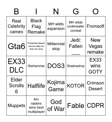 Game Awards Bingo Card