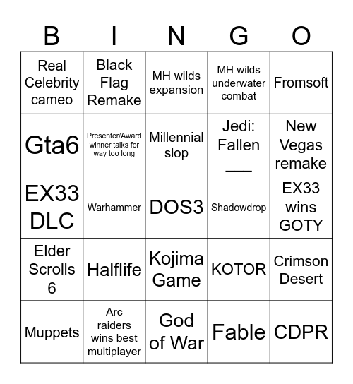 Game Awards Bingo Card