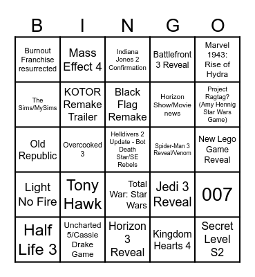 Game Awards Bingo Card