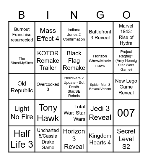 Game Awards Bingo Card