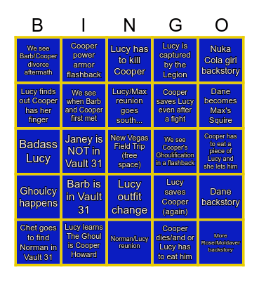 Fallout Season 2 Bingo Card