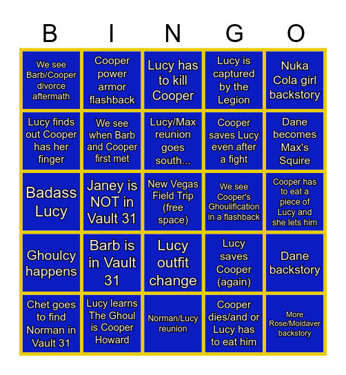 Fallout Season 2 Bingo Card